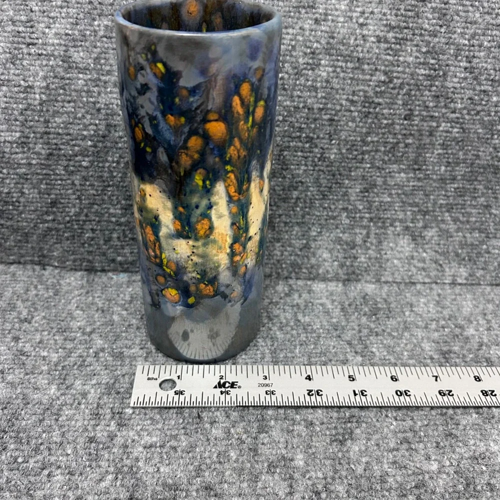 BFB Pottery Blue Grey Ochre Drip Glaze Ceramic Cylinder Bud Vase Studio Art